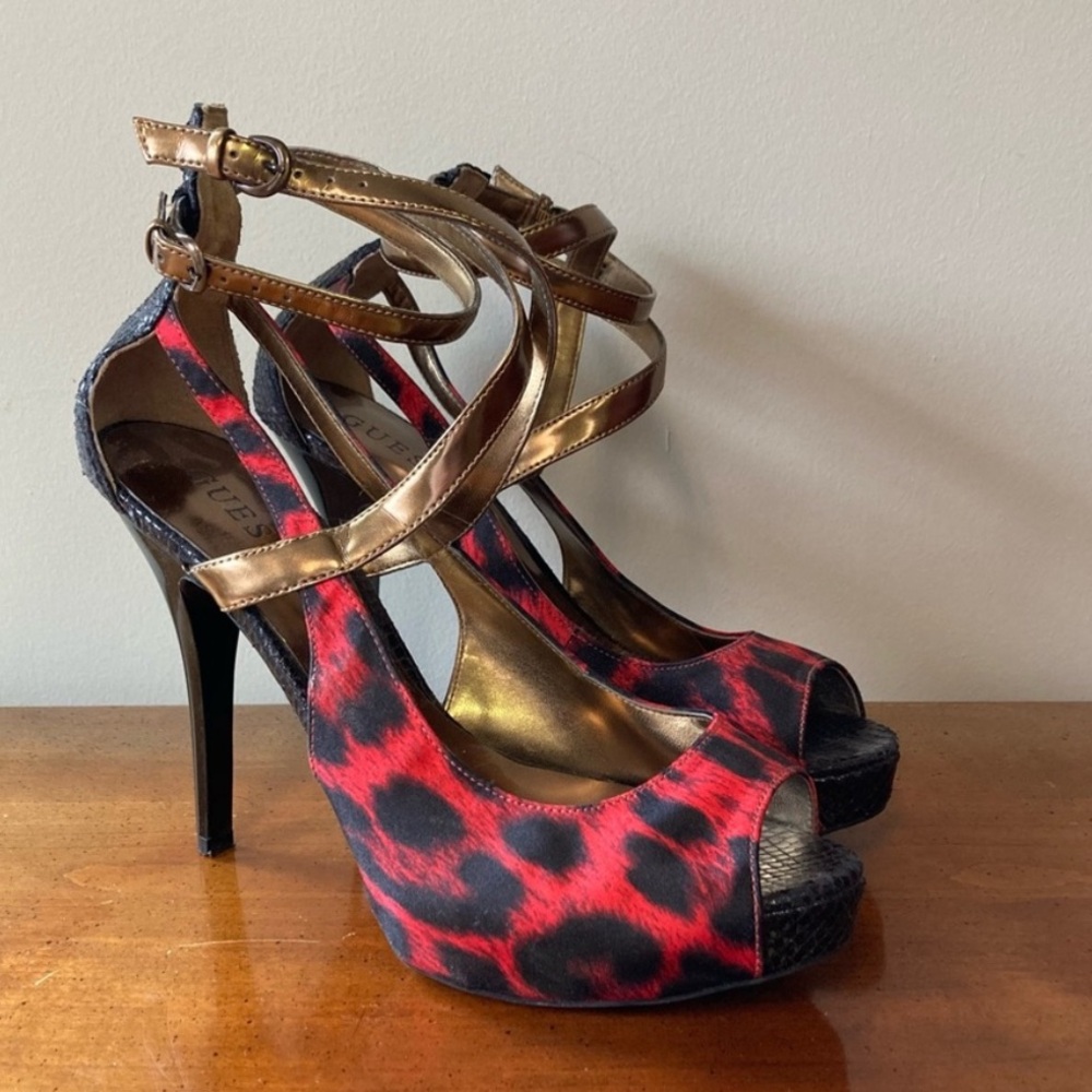 Guess Red Leopard Print Patent Leather High Heels